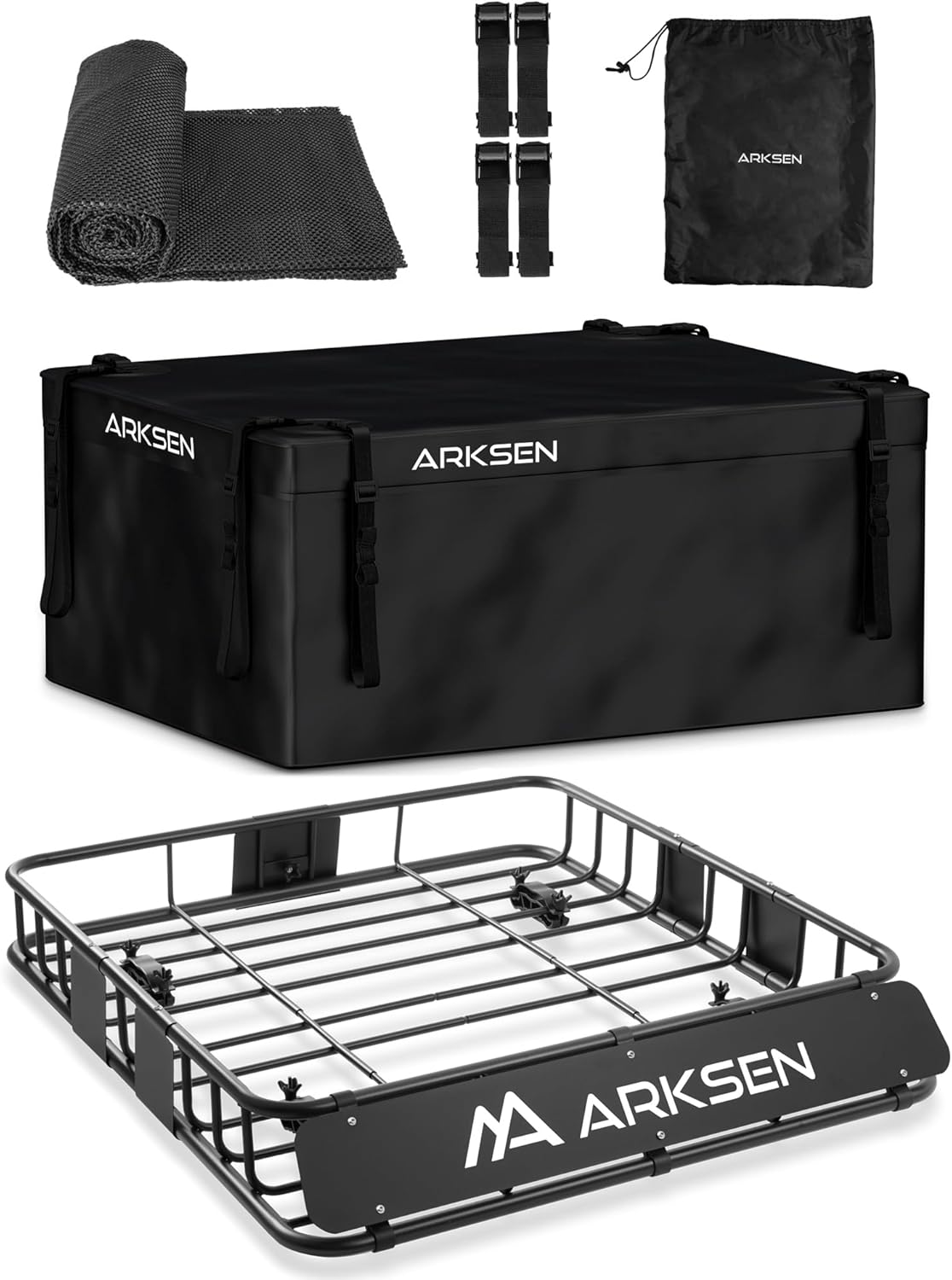 ARKSEN 43 x 39 x 6 Inch Universal 150LB Heavy Duty Roof Rack Cargo with 500D PVC Waterproof Cargo Bag, Car Top Luggage Holder Carrier Basket with Extension for SUV, Truck, & Car Steel Construction
