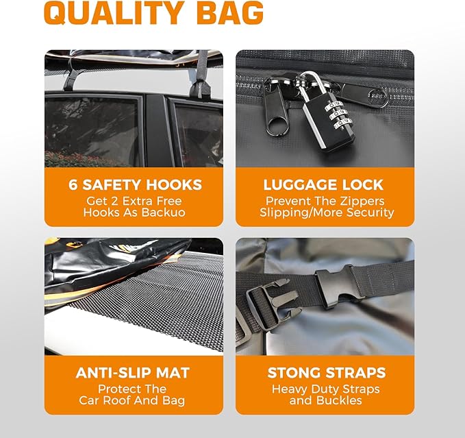 Kingfun Car Rooftop Cargo Carrier – Waterproof 20 Cubic Feet Car Roof Bag Fit All Vehicles with/Without Roof Racks, Includes Anti-Slip Mat, 8 Reinforced Straps & 6 Door Hooks, Luggage Locks