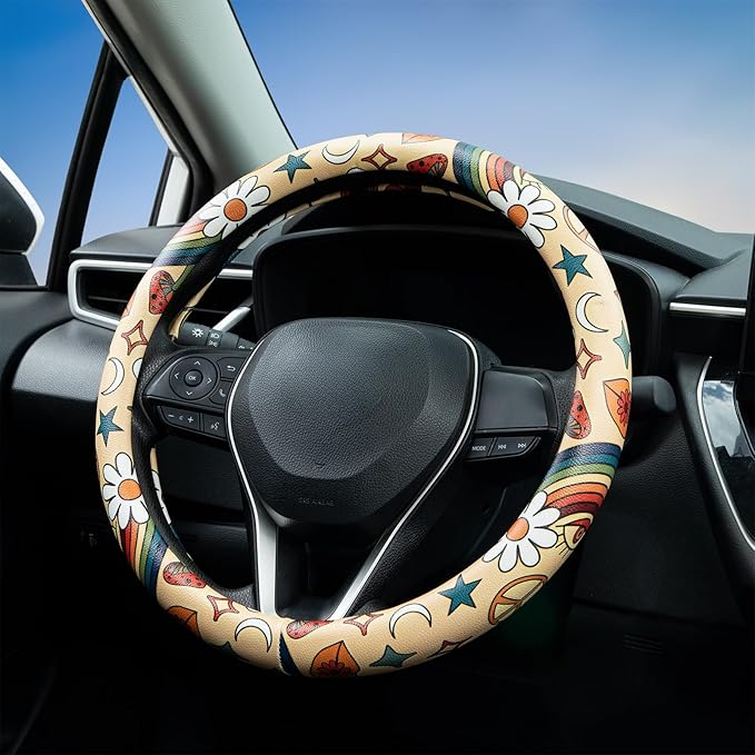 Rainbow Love&Peace Steering Wheel Cover Auto Jacquard Steering Wheel Protector, Anti-Slip, Breathable, Absorbing Sweat, Universal Car Accessories 14.5–15 inch,Fit for Most Car, Trucks, SUV
