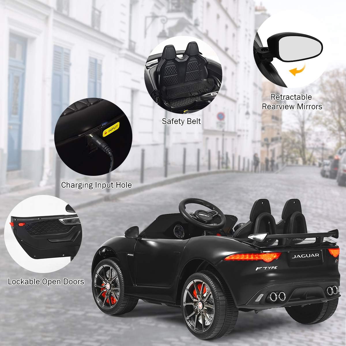Costzon Ride on Car, 12V Licensed Jaguar F-Type SVR Battery Powered Kids' Electric Vehicles w/Remote Control, Front/Rear Lights, MP3/Music/3 Speeds/Spring Suspension, Kids Car Toy for Toddler (Black)