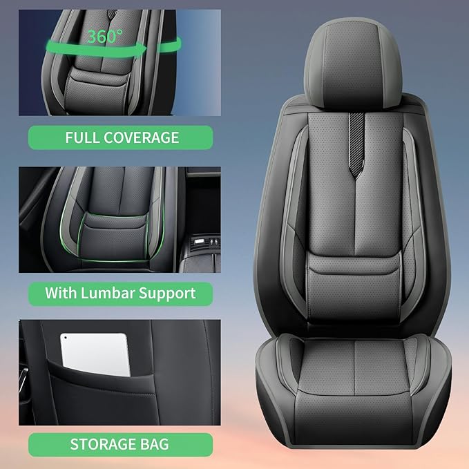 Fit Avalon Car Seat Covers for Toyota Avalon 2001-2024 2025 2026 -Upgraded Premium Waterproof & Breathable Leather,Airbag Compatible,All-Weather Seat Cushion Protector,2 Front/Black-Grey