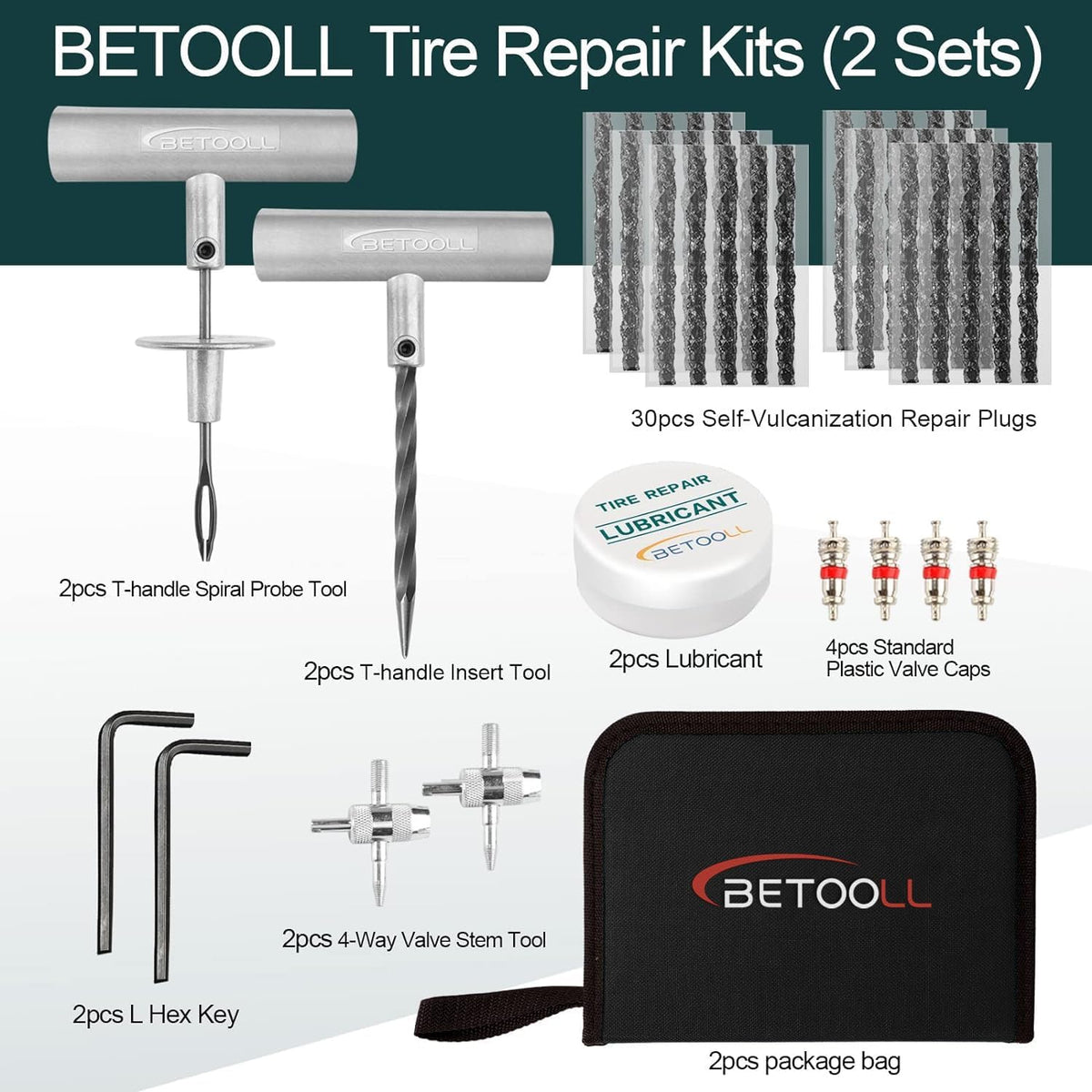 BETOOLL Tire Repair Kit, Sets of 2-24pcs Professional Heavy Duty Universal Emergency Flat Tire Repair Kit, for car Motorcycle, Truck, Golf Cart, ATV, Tractor, ARB, RV, SUV, Trailer etc.(Black)