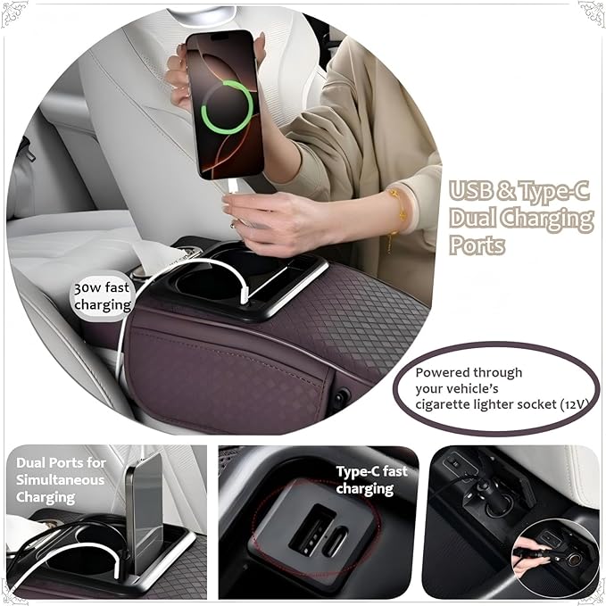 2026 Enhanced Car Center Console Armrest Cushion with USB& Type-C Charging, PU Leather Console Pad with Cup Holders, Storage& Tissue Outlet for Most Vehicles (Flat Version, Light Beige)