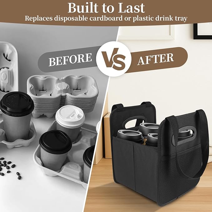 2 Pack Drink Carrier with Handle, Reusable 4 Cup Carriers for Drinks, Portable Foldable Insulated Coffee Cup Drink Holder for Delivery and Caddy
