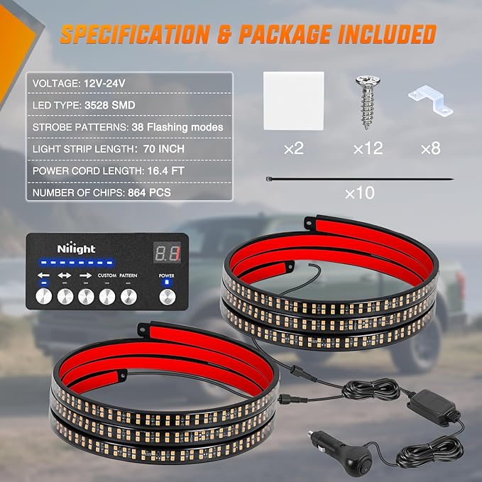 Nilight 2PCS 70 Inch Emergency Strobe Light Strip with Controller 864 LED Amber Running Board Lights Flexible Side Flashing Warning Caution Safety Waterproof for Truck Construction Pickup