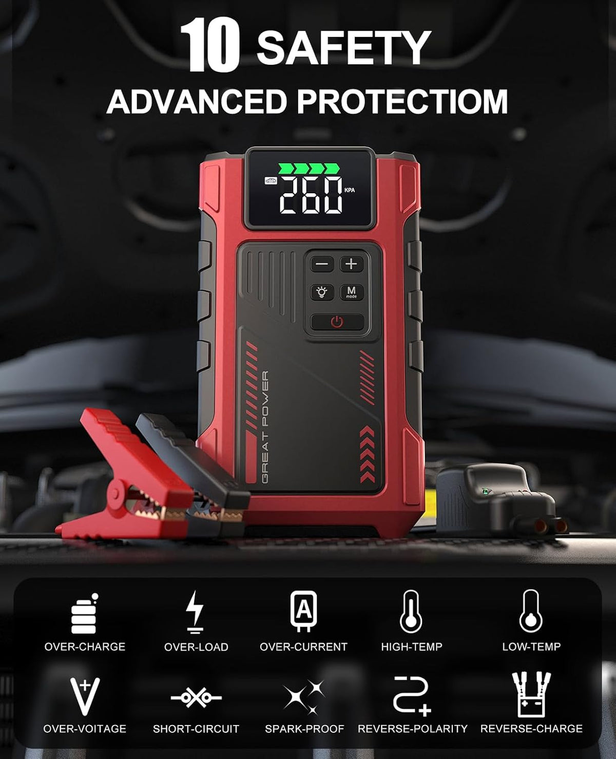 4000A Car Jump Starter with Air Compressor, Portable Charger Jumpstart 12V Vehicle, Power Pack with 150PSI Tire Inflator for 9.0L Gas/7.5L Diesel Engines Jump Box with Light and Jumper Cable