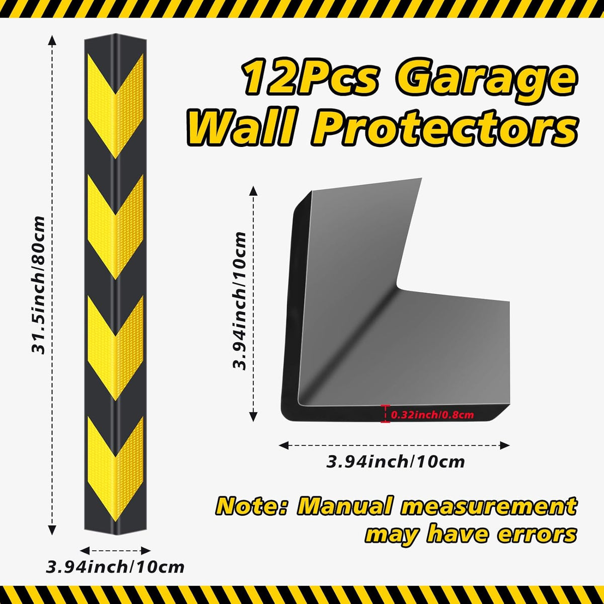 12 Pack Garage Wall Corner Guards, 31" Rubber Edge Protectors with Reflective Stripe for Parking Safety, Car Bumper and Wall Corner Protection
