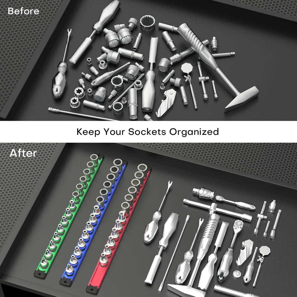 Magnetic Socket Holder Organizer Set, 3-Piece Heavy Duty Socket Rack Kit, 360° Swivel Aluminum Alloy Socket Rail for Tool Box - 1/4-Inch x 14 Clips, 3/8-Inch x 14 Clips, 1/2-Inch x 12 Clips