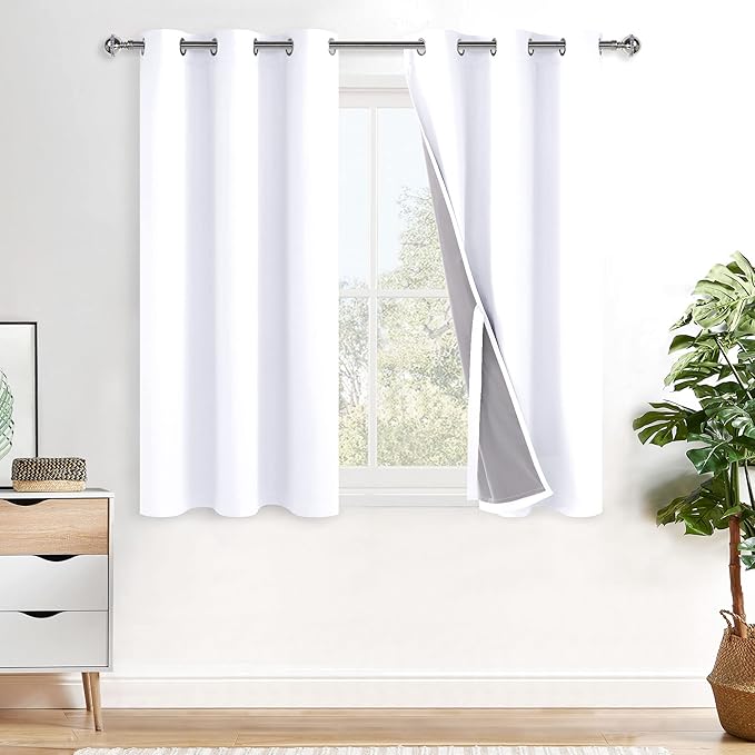 XWZO White 100% Blackout Curtains with Tiebacks- 2 Thick Layers Completely Shaded Window Treatment Thermal Insulated Lined Drapes with Grommets for Bedroom/Laundry, White, W38 x L54, Set of 2 Panels