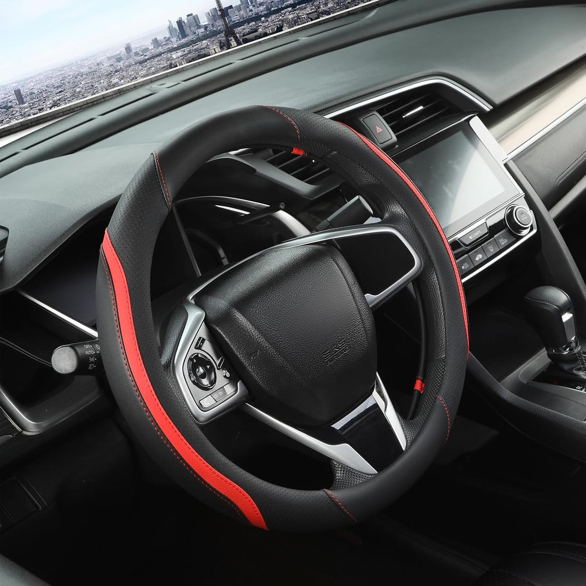 Car Steering Wheel Cover, Leather Steering Wheel Cover Red Universal 14.5-15 Inch Microfiber Leather Anti-Slip Breathable Auto Steering Wheel Covers for Men Women (Black&Red)