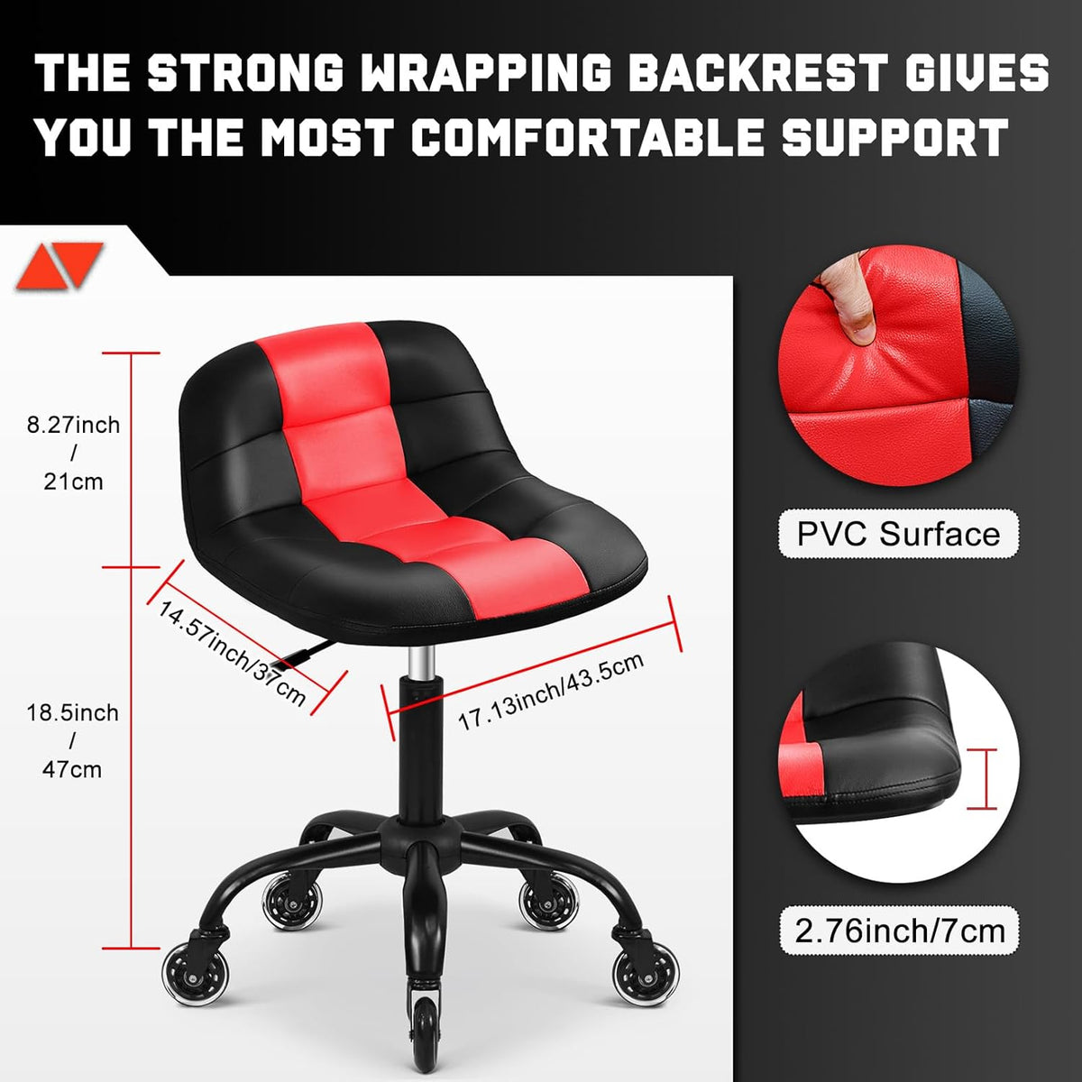 Rolling Stool with Wheels, Garage Shop Stool with Backrest, Roller Seat with Pneumatic Adjustable Height 16.93"-19.69", Heavy Duty Multi-Purpose Chair for Shop Salon Office Home, Red