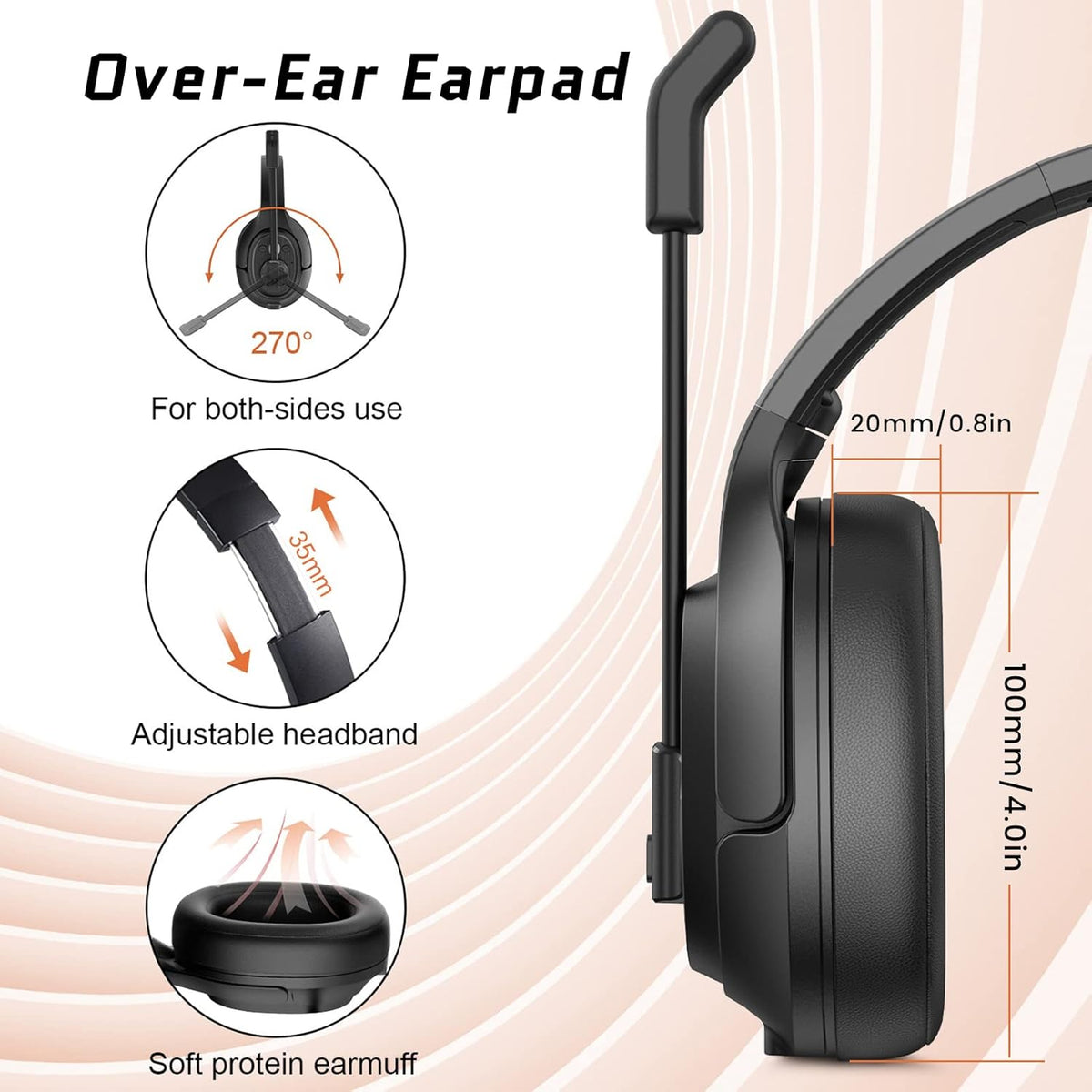 EKSA Noise Cancelling Trucker Bluetooth Headset with Microphone Wireless AI-Powered ENC Headphones, 99ft Long Range, 30H of Talk Time, All-Day Comfort On Ear Headsets Mute Button
