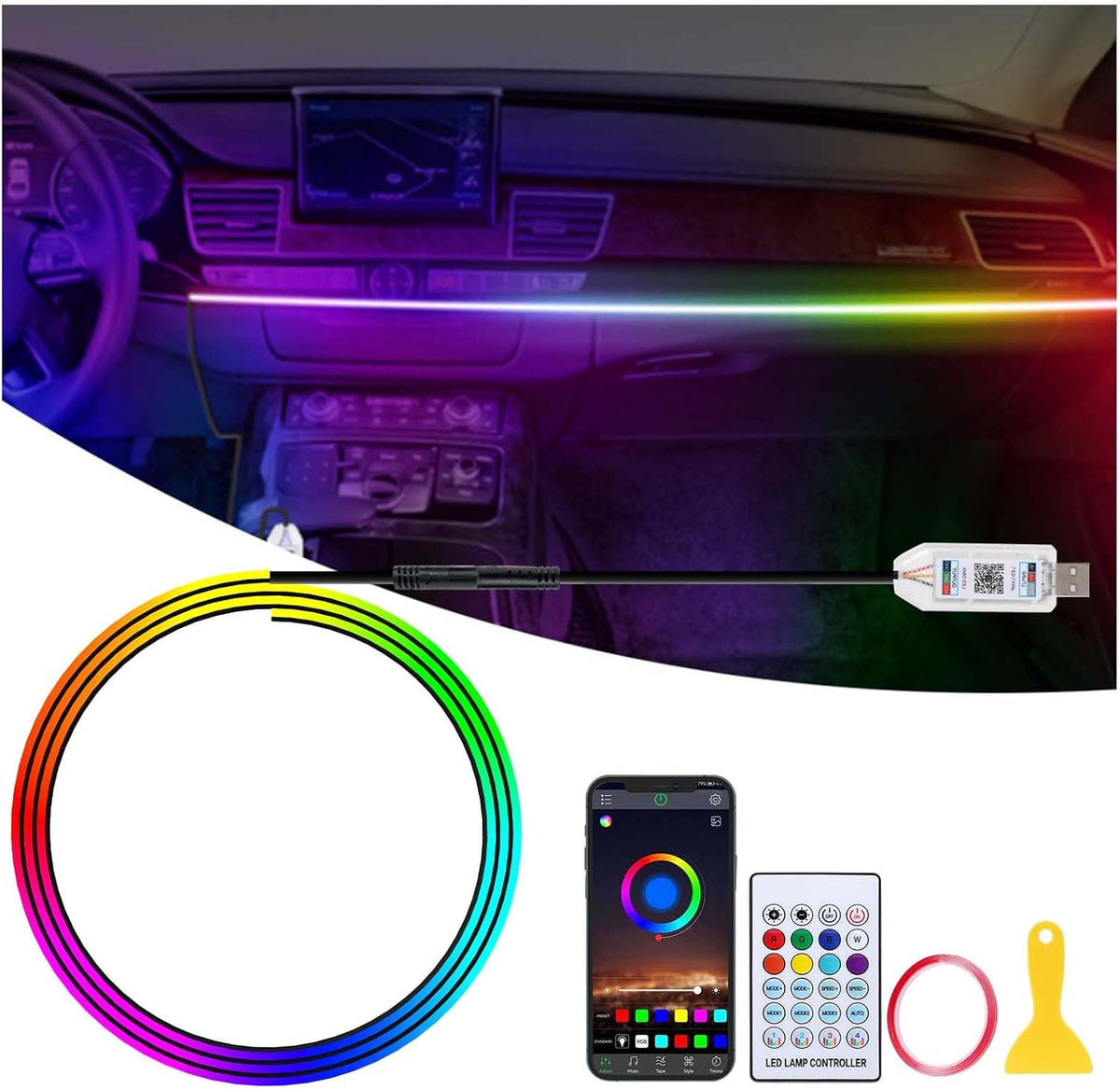 Acrylic LED Lights for Car, 43.3in RGB Strip Light Car LED Lights Interior with USB Port, App Control, Music Sync, 146 LEDs Interior Ca r Lights for Women Men Gifts