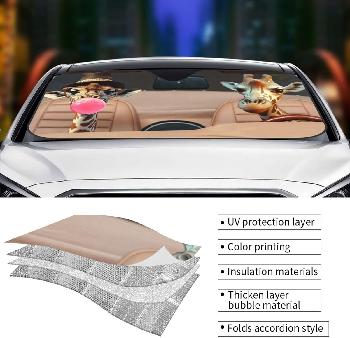 Funny Giraffe Car Sun Shade Windshield Sunshade Foldable Front Window Shield Cover for Truck SUV