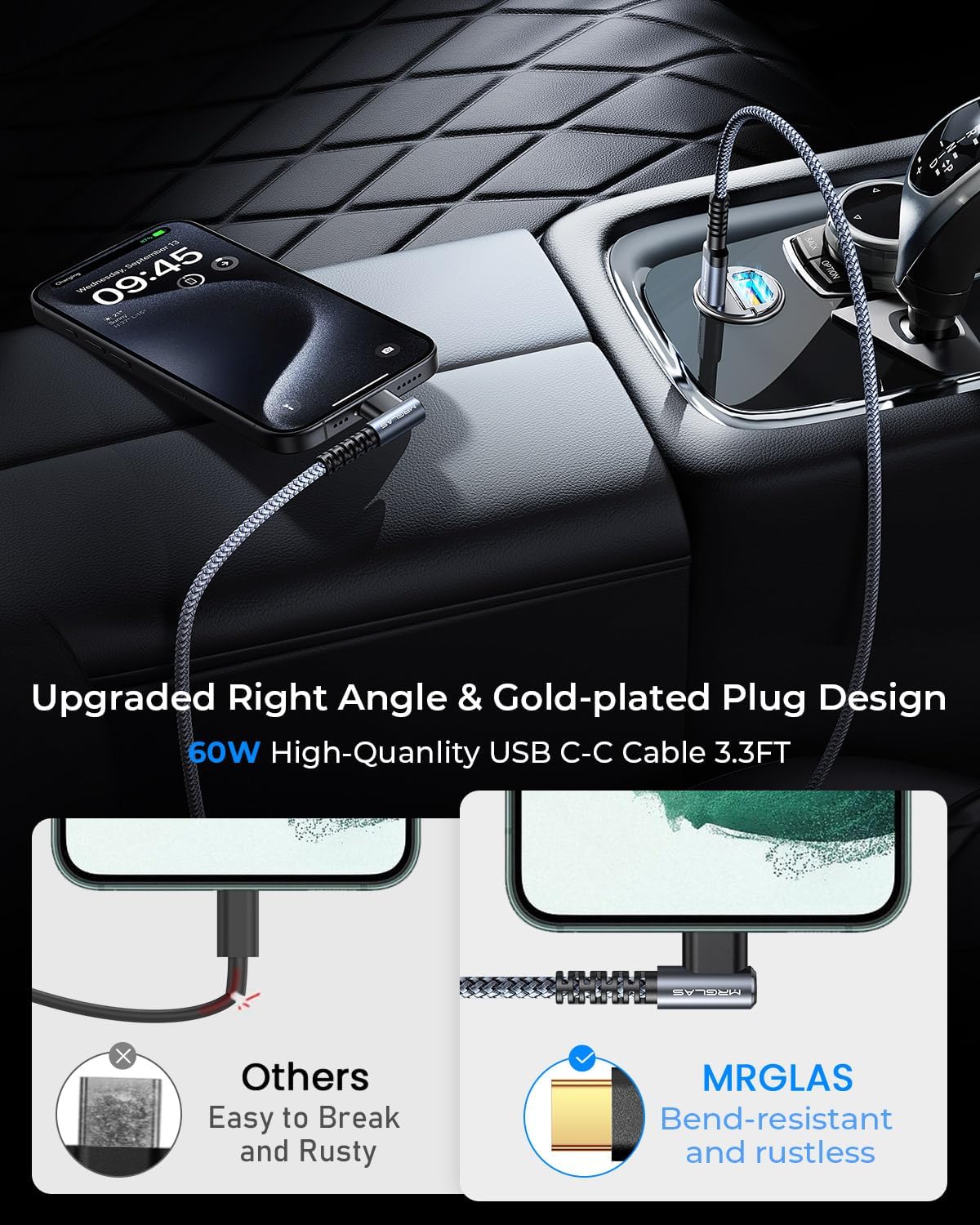 MRGLAS 125W USB C Car Charger Super Fast Charging, [PD65W & QC60W][Extra 3.3ft 60W USB C Cable 90 Degree][All Metal], Cigarette Lighter USB Charger for iPhone 16 Pro Max Plus 15 Samsung S24 S23 iPad