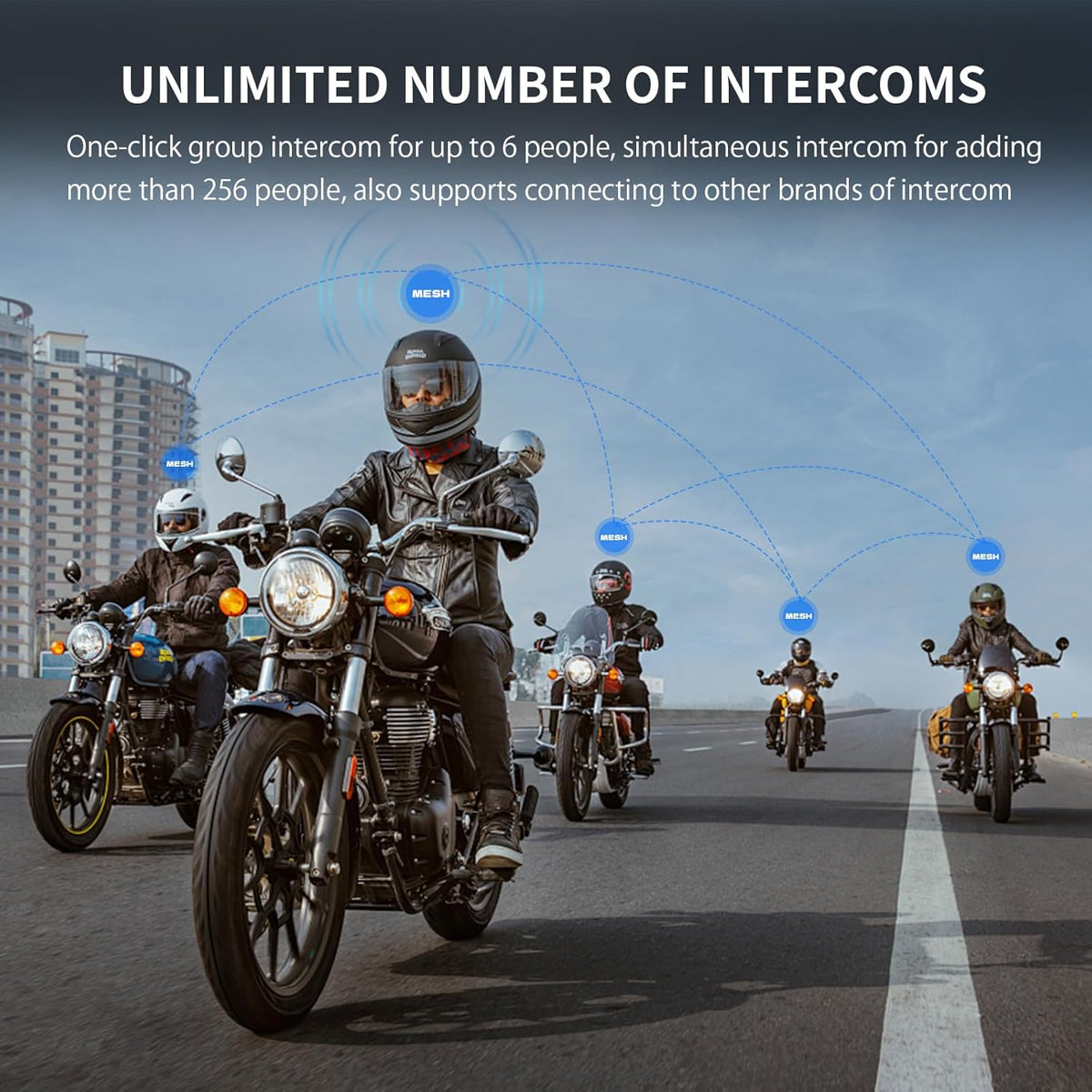 FreedConn FX Plus Motorcycle Helmet Bluetooth Headset, Auto-Join Mesh Network, 16 Riders Intercom Motorcycle Communication Systems with CVC and AI Noise Cancellation for Group Ride, 1 Pack