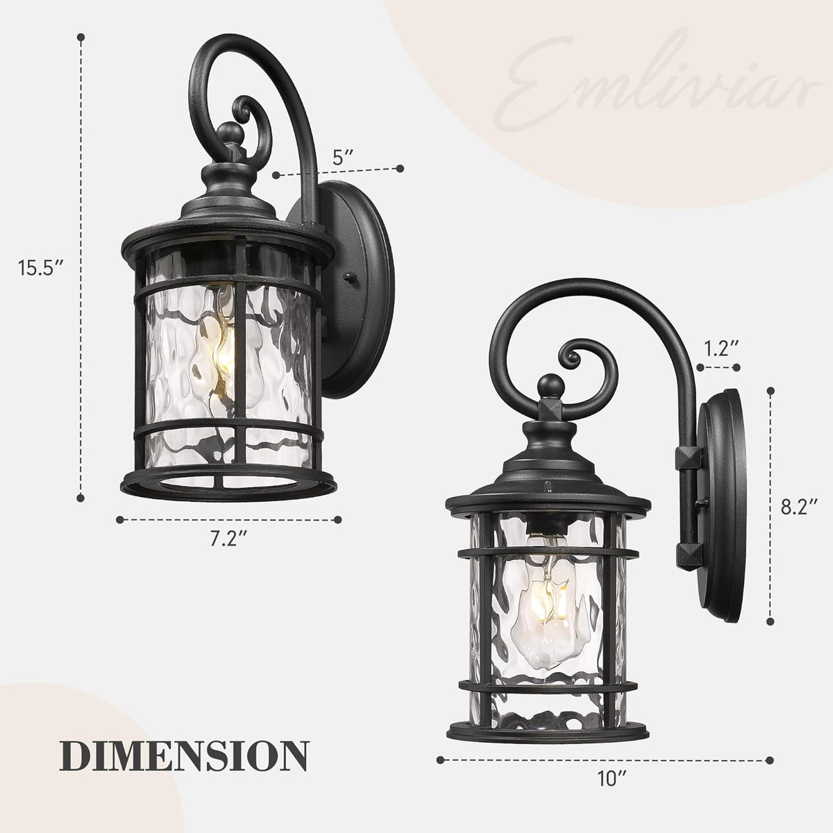 Emliviar Farmhouse Outdoor Light Fixture, 15.5" Exterior Lighting Fixtures with Water Ripple Glass, Die-Casting Aluminum in Black Finish, XE229B-WG BK