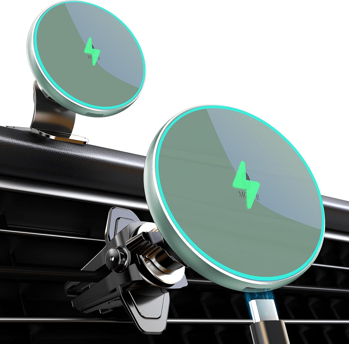 MOKPR for Magsafe Car Mount Charger-15W Wireless Car Charger-Magnetic Car Phone Holder for Dash Air Vent-LED RGB HandsFree Car Mount Fast Car Charger for iPhone 14/13/12 Series,Green