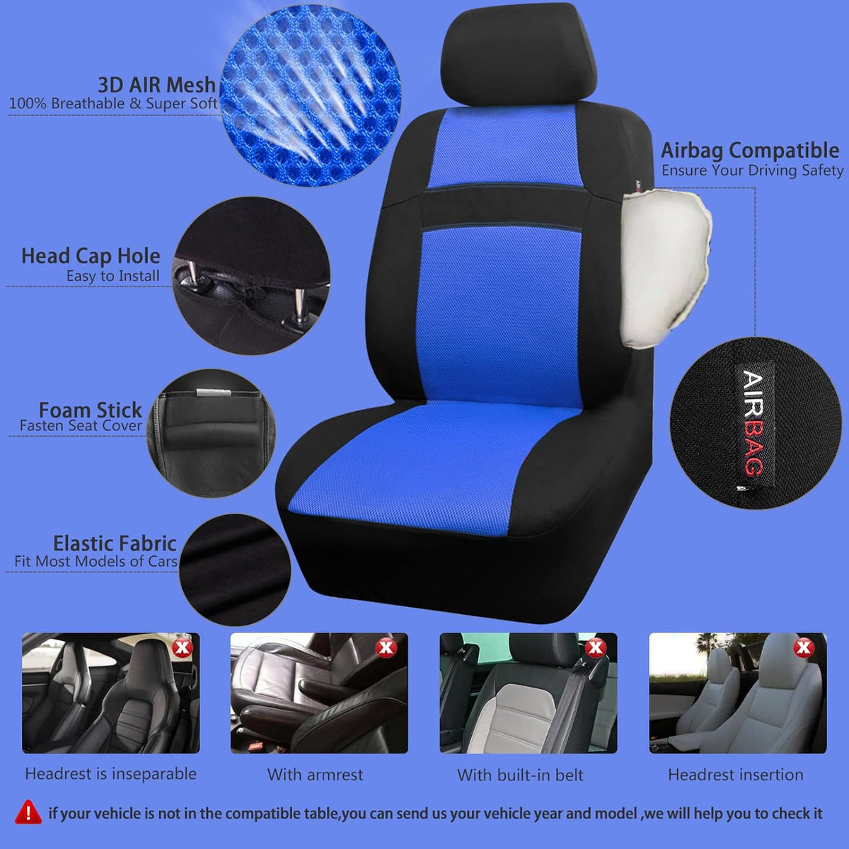 CAR PASS 3D Air Mesh Car Seat Covers Full Sets w/5mm Sponge, 4Pcs Waterproof Car Floor Mats, Steering Wheel Cover Universal Fit for SUV Sedan Truck, Airbag Compatible Automotive Interior(black & blue)