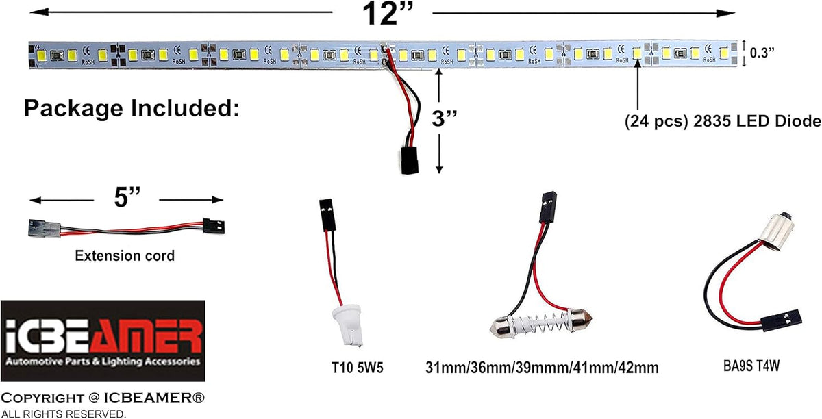 ICBEAMER Super White 12" inch 24-SMD-2835 Chips LED Strip Light Universal Fit for Car Trunk Cargo Area or Interior Illumination