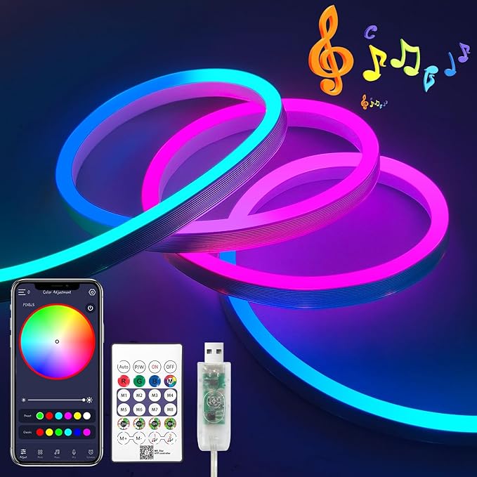 iNextStation RGB Smart IC 5V USB Neon Led Strip Lights, 16.4Ft 5M Neon Rope Lights Flexible Multicolor IP67 Waterproof LED Tape Light for TV Bedroom Kitchen Wall Indoor Outdoor Decor