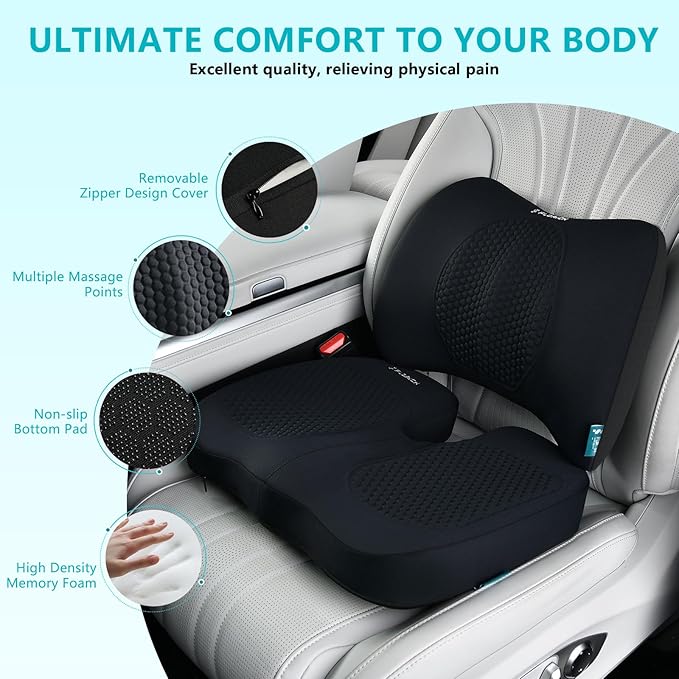 FLORICH Car Seat Cushion and Back Support for Office Chair Memory Foam Chair Cushions Pressure Relief Seat Pads with Gel Massage Point Lumbar Support (Light Black)