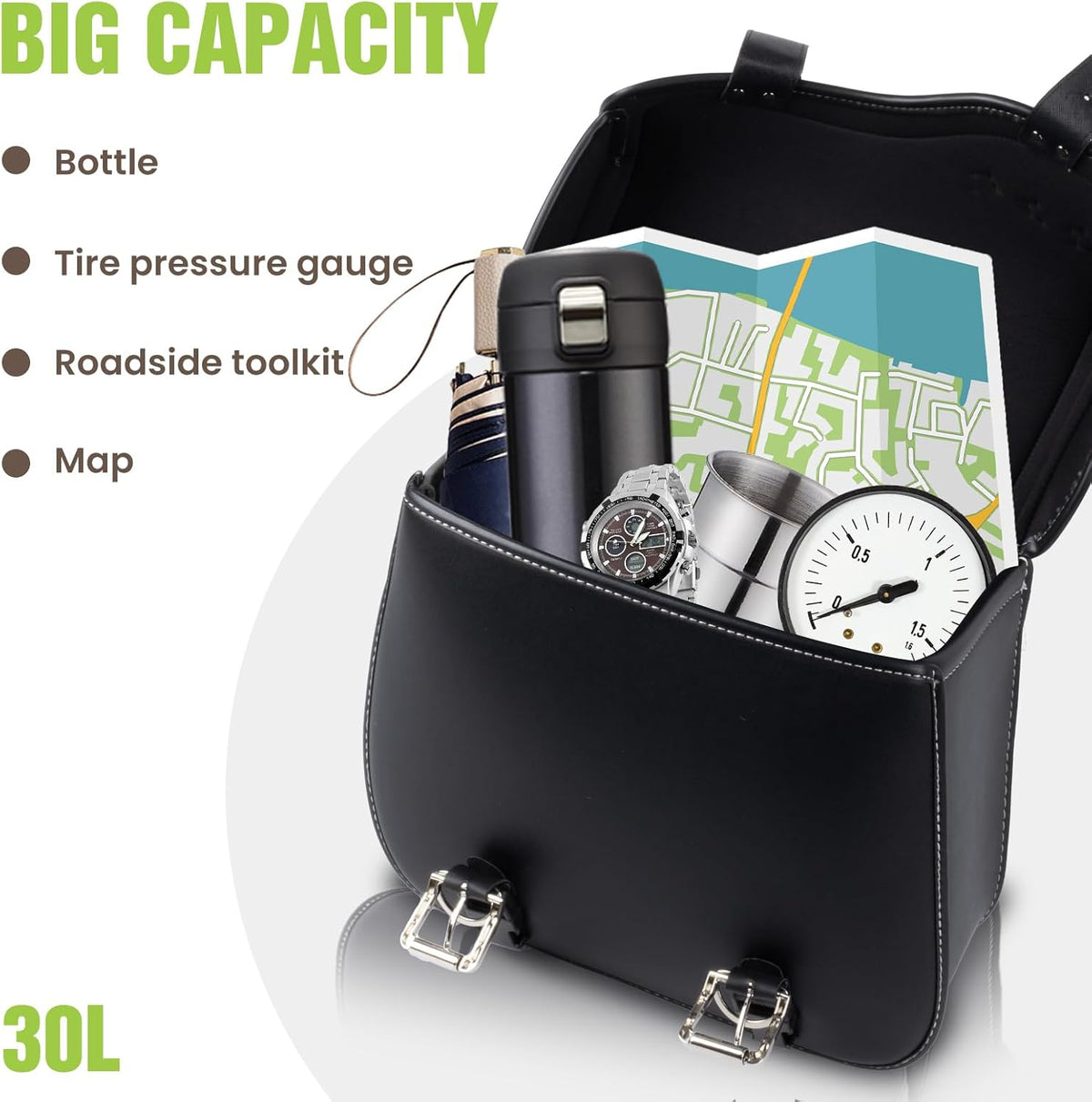 30L Motorcycle Saddlebags Water-Resistant PU Leather Storage for Harley Sportster Softail Dyna Honda Shadow | Quick-Install Design with Reinforced Straps | Universal Fit Large Capacity Luggage Bags