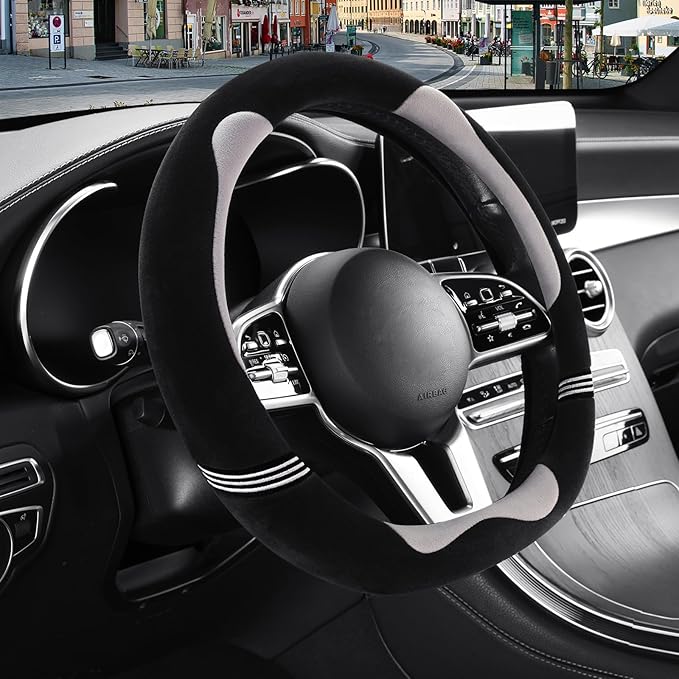 14 inch Furry Cute D Shaped Steering Wheel Cover, Soft Fluffy Short Plush Auto Accessories, Non-Slip Cold-Proof Sweat-Proof Colorfast(Black with Gray)