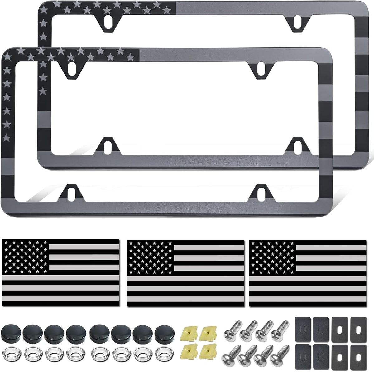 American Flag License Plate Frames - 2 Pack Black Stainless Steel Front Rear Car Tag Frames Printed with Patriotic USA Flag Pattern, with Decals Screws Caps