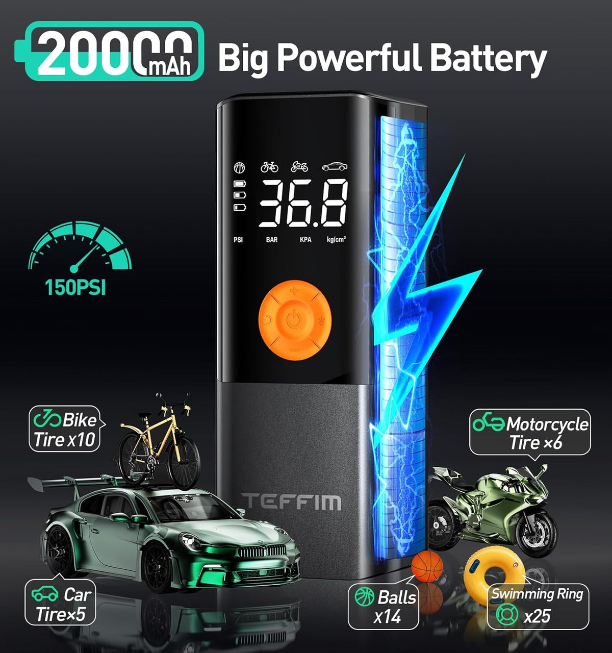 Tire Inflator Portable Air Compressor, 150PSI＆20000mAh Battery Air Pump for Car Tires, 6X Inflate Portable Tire Inflator for Car Motorcycle Balls Bike Pump,12DC Tire Pump with LED Light, Auto shut-off