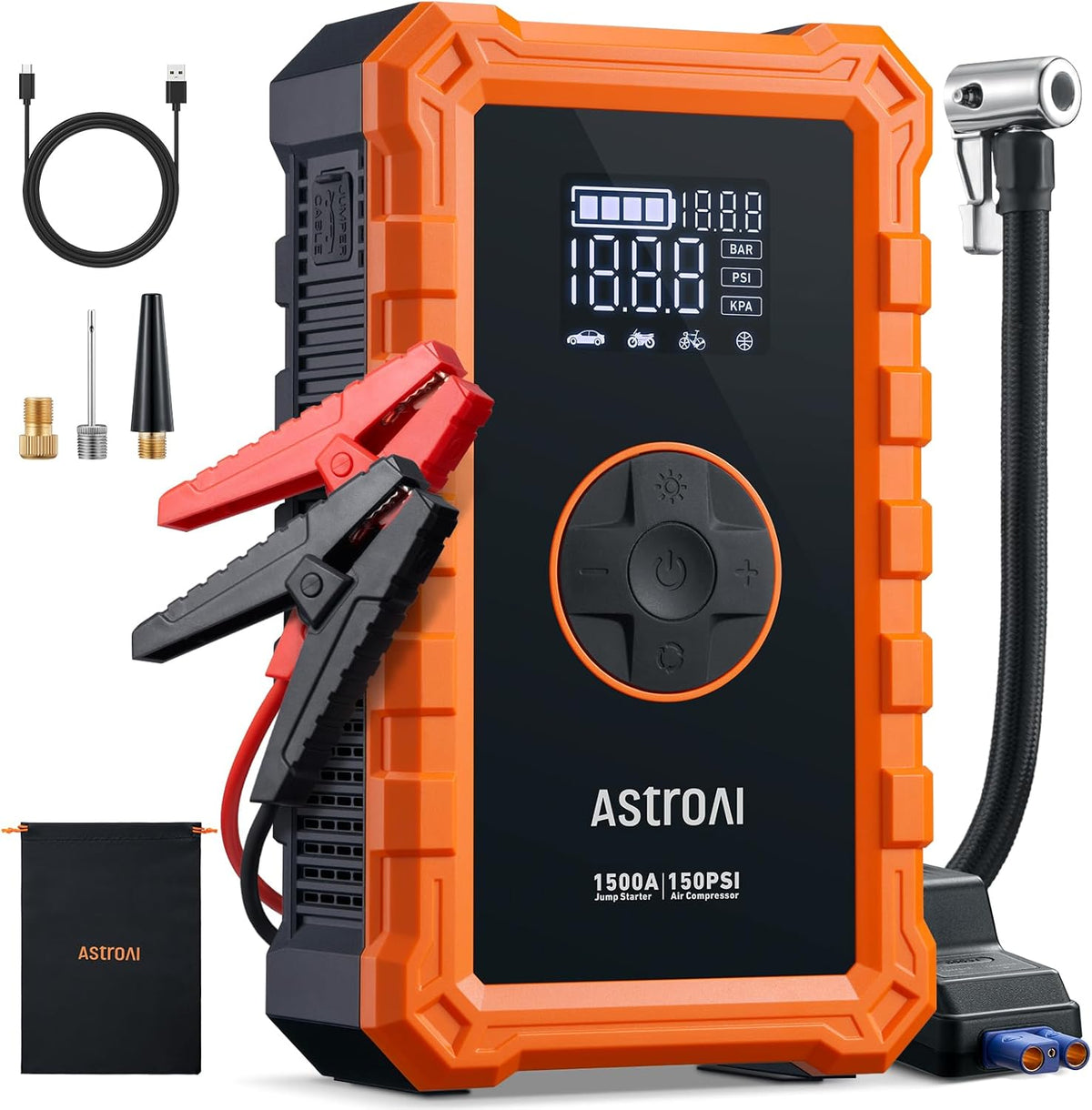 AstroAI S8 Air Jump Starter with Air Compressor, 1500A Peak Car Battery Jump Starter Portable (6.0 Gas/3.0L Diesel) with 150PSI Cordless Auto-Shutoff Tire Inflator, 12V Battery Charger Booster(Orange)