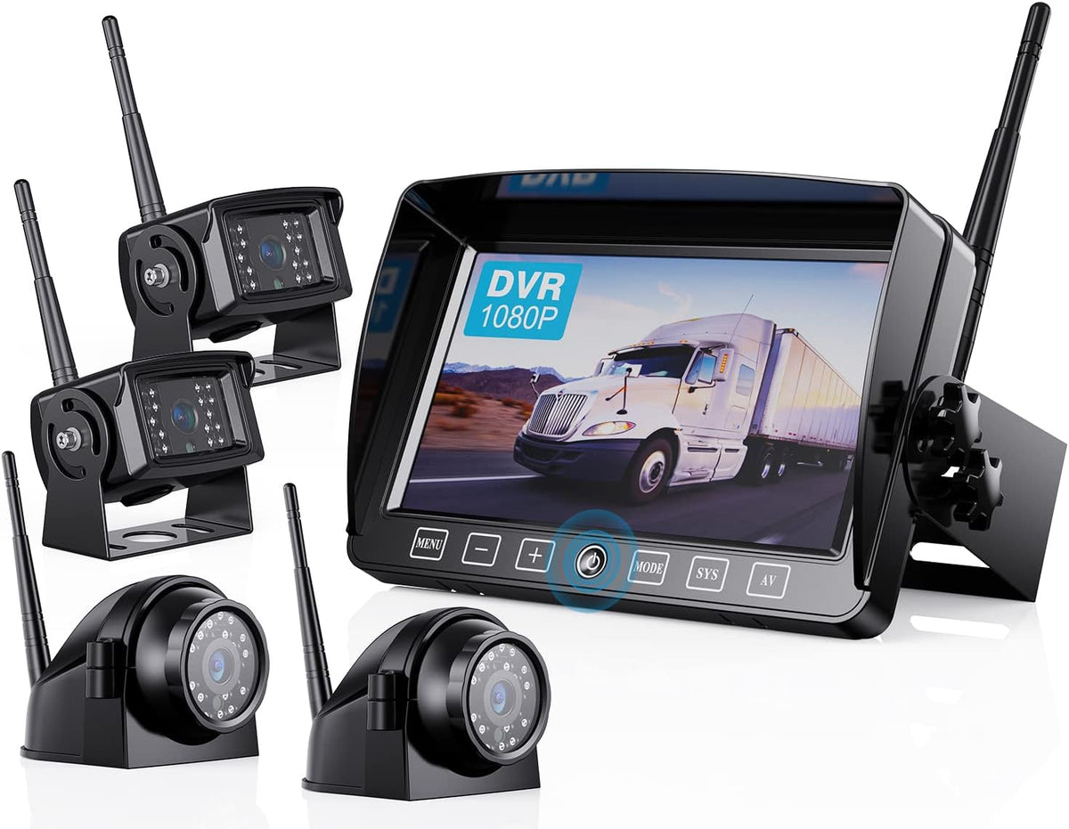 Wireless Backup Camera Kit with 7'' DVR Quad Split Monitor, 1080P FHD Rear Side View Camera, IP69 Waterproof + Parking Lines Reversing Cameras for Truck/Semi-Trailer/Box Truck/RV-B4C