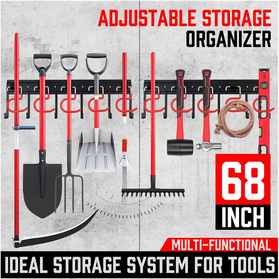68" All Metal Garden Tool Organizer - Sturdy Garage Wall & Shed Organization System - Hooks for Shovel, Broom, Rake & More