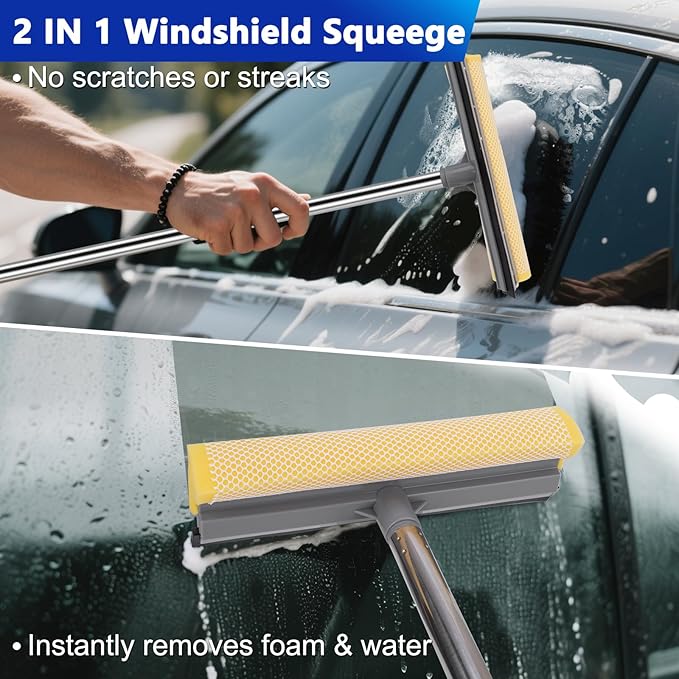 THINKWORK Car Wash Kit, Car Washing Brush with Long Handle, Extendable Car Wash Brush Mop with 2-in-1 Windshield Squeegee and 9Pcs Detailing Brushes, Gray Car Detailing Kit Gift for Men