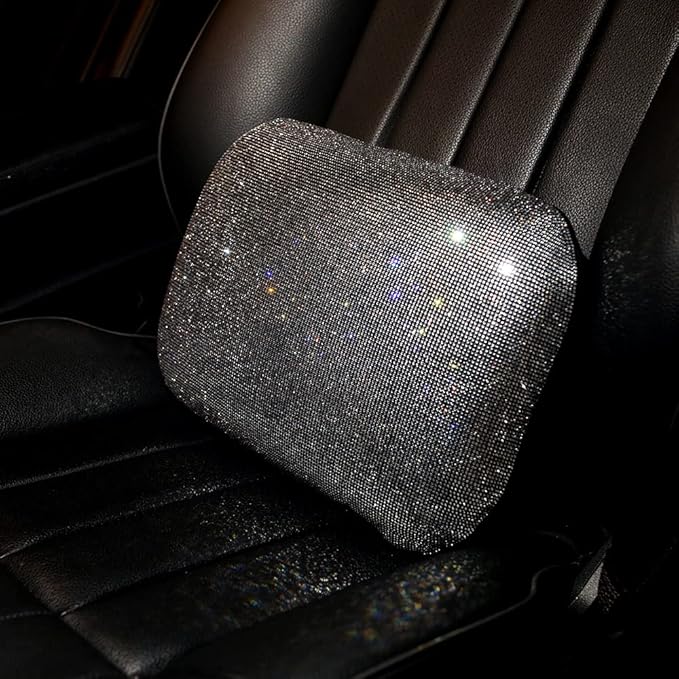 Lumbar Support Pillow Summer Decorative for Car Soft Bling Accessories Sparkly Diamond Rhinestone for Women Girls, Universal Office Chair Lower Back Cushion Rubber Black