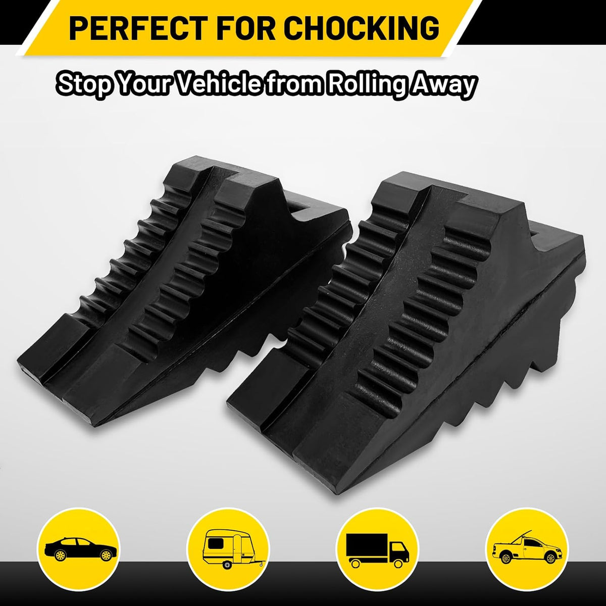 ROBLOCK Solid Rubber Wheel Chocks Heavy Duty Trailer Chock, G.V.W. Up to 8T, 4 Pack Black, 8.6" L x 3.7 W x 4.7" H for Car, Travel Trailers, RV, Truck, and ATV, for All Weather Use
