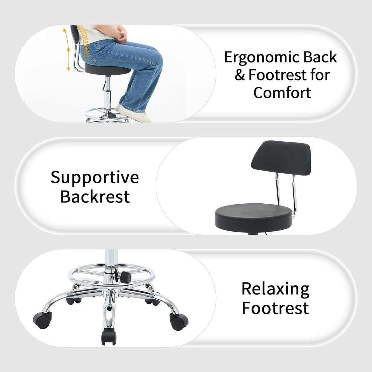 Office Chair with Back (Adjustable Height Posture Stool 19.5’’-26.6’’)(Drafting Chair on Wheels) Work Stool with Footrest (Black)