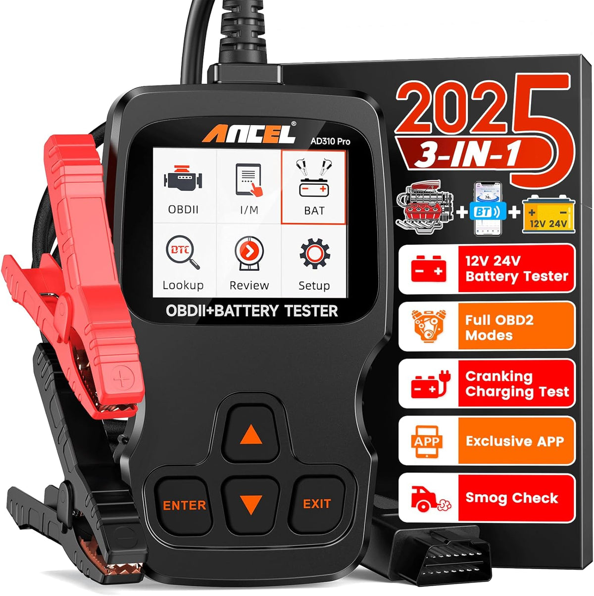 ANCEL AD310 Pro OBD2 Scanner Diagnostic Tool & Car Battery Tester & Bluetooth OBD2 Reader, Check Engine Code Reader for Car with Lights Reset Live Data, 12V 24V Battery Charging/Cranking System Test