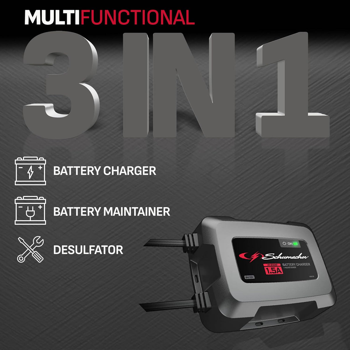 Schumacher Electric On-Board Battery Charger and Maintainer, 3-in-1, SC1587, 1.5 Amps, 6 Volt, 12 Volt, Fully Automatic, Mounts Under Hood, for Car, Truck, and Large Vehicle Batteries