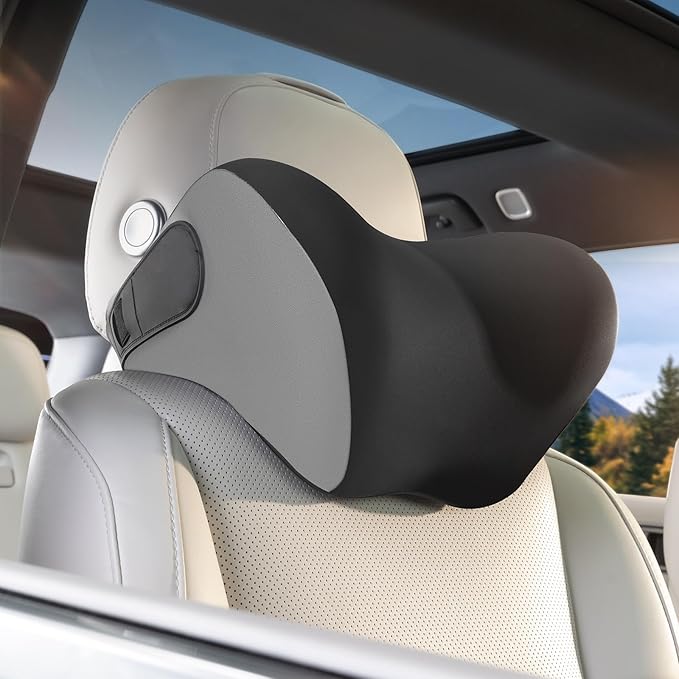 BEBAS Car Headrest Pillow, Memory Foam Neck Support Pillow for Cars - Ergonomically Designed for Long Drives, Travel & Commuting, Pain Relief with Removable & Washable Cover (Black Gray, 1-Pack)