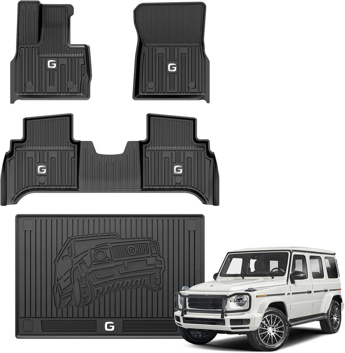 LASFIT Floor Mats & Trunk Mat for Mercedes Benz G Class 2026 2025 2024 2023 2022-2019 G550 / G580 / G63 AMG SUV, All Weather TPE Custom Fit Car Mats for G Class, 1st & 2nd Row Floor Liners & Cargo Mat