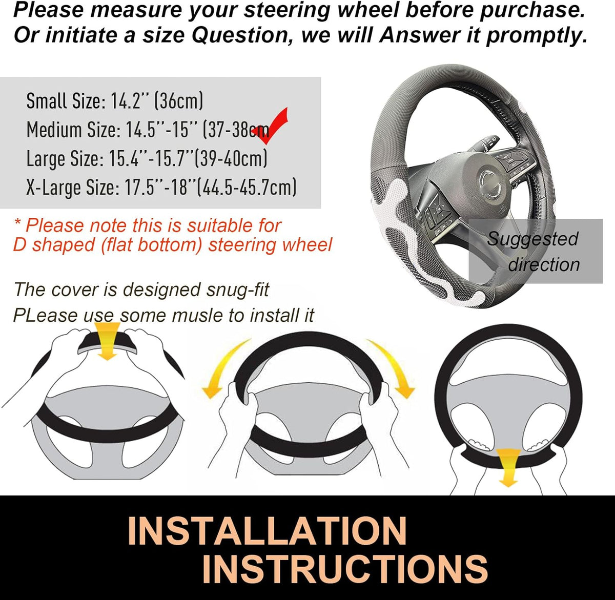 PINCTROT D Shaped Comfy Grip Steering Wheel Cover, Anti-Slip Design, Flat Bottom 14.5-15 Inch(Silicone White)