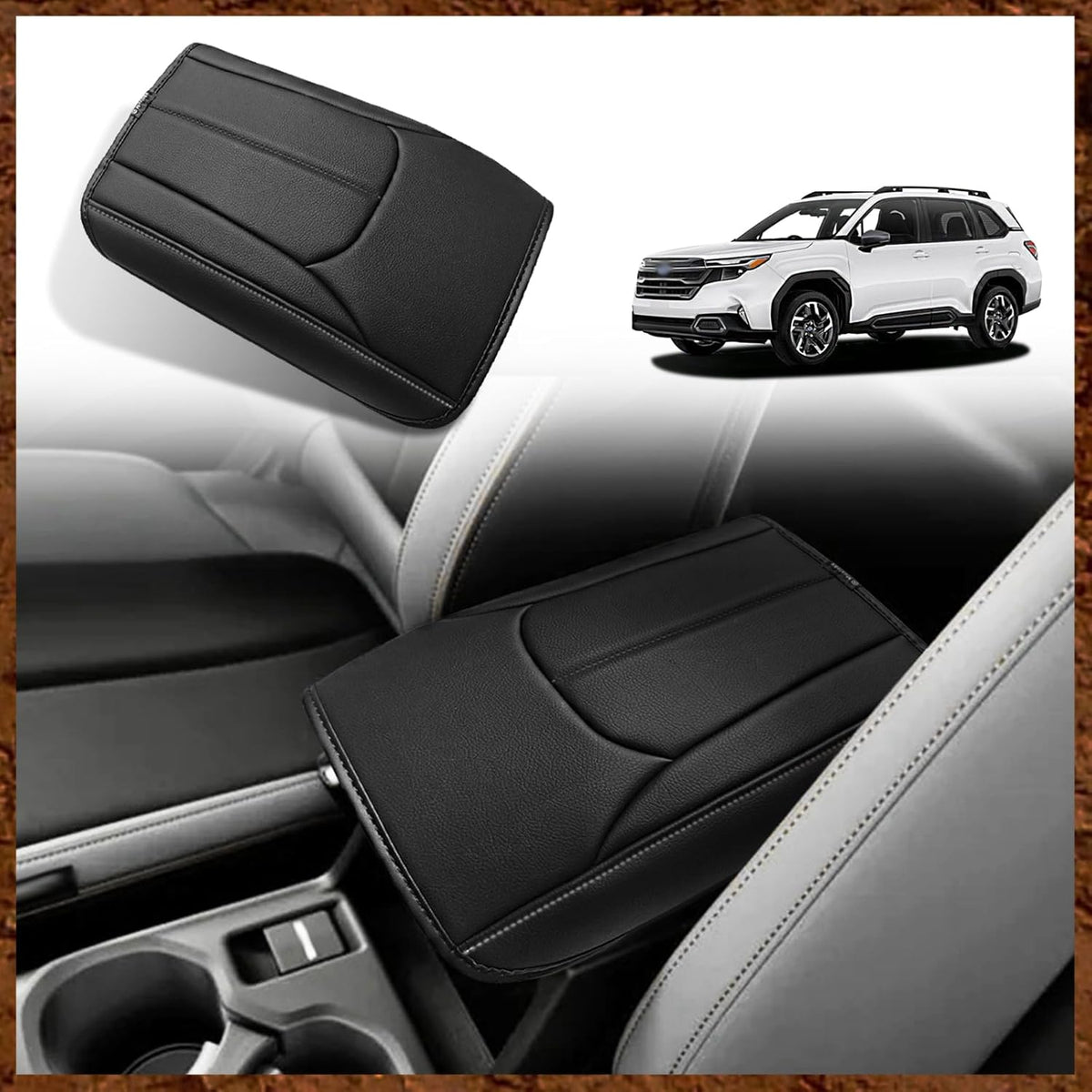 Muslogy Center Console Cover Compatible with Subaru Forester 2025 Accessories Armrest Cover Lid Cushion Protector Anti-Scratch Vegan Leather Extra Soft (Black/Gray Stitching)
