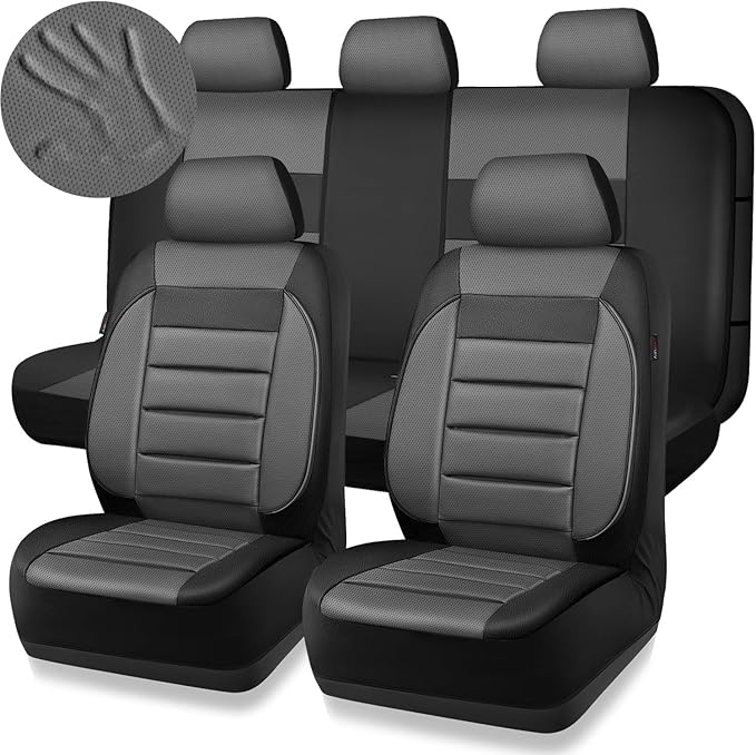 CAR PASS Leather Seat Covers Full Set Universal Water Resistant 3D Foam Back Support, Luxury Comfort Automotive 5 Seat Covers All Season Fit for SUV,Sedan,Van, Airbag Compatible Elegance(Gray Black)