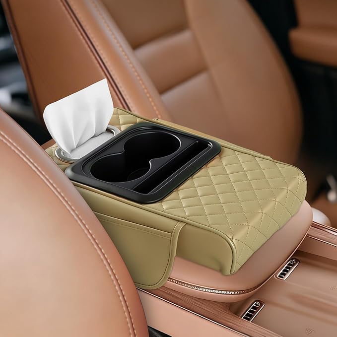 5-in-1 Car Armrest Cushion, Multifunctional PVC Leather Center Console Armrest Pillow Elbow, Universal Arm Box Pad Cover with Cup Holder, Phone Slot, Tissue Box Slot & 2 Storage Bags, Beige