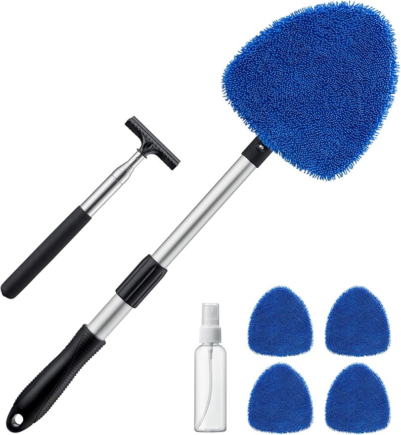 AstroAI Car Windshield Cleaner Tool, Window Cleaning Kit with 39in Car Mirror Squeegee, 4 Reusable Microfiber Pads and Extendable Handle, Blue