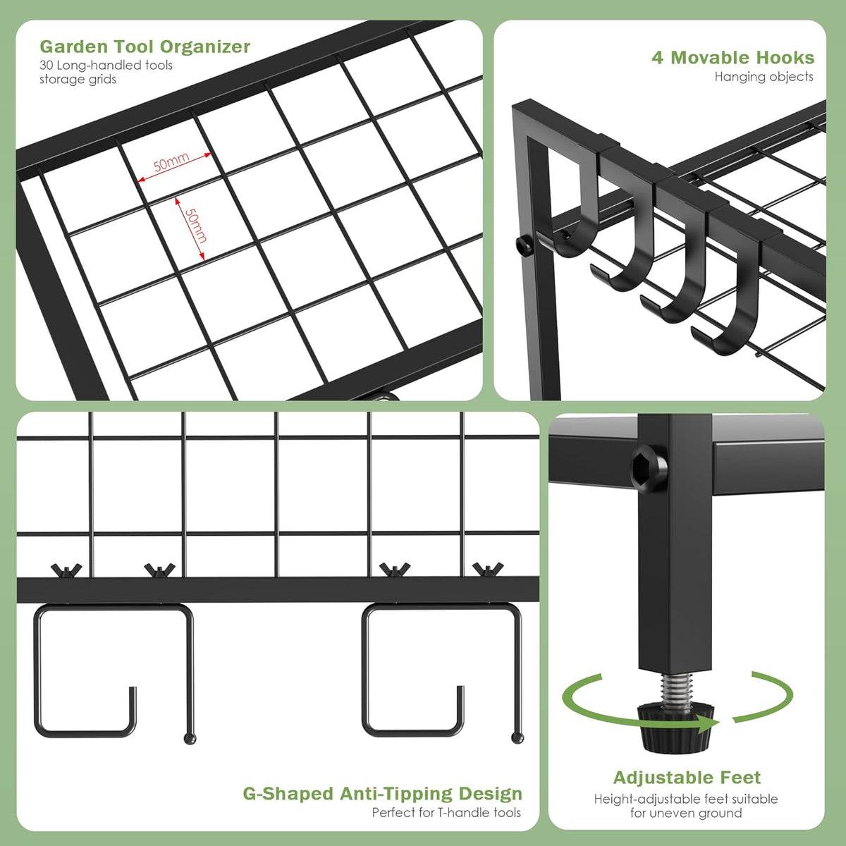 Garden Tool Organizer Rack for Garage, Yard Tool Tower Rack Organizer, Tools Stand Storage with Hooks Black Metal Garden Tools Holder for Yard Shed Garage Organization