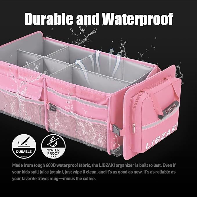 LIBZAKI Oversize 4 in 1 Car Trunk Storage Organizer, Multi Compartment Collapsible Trunk Storage Box with Cooler Bag for Car Truck SUV-Pink