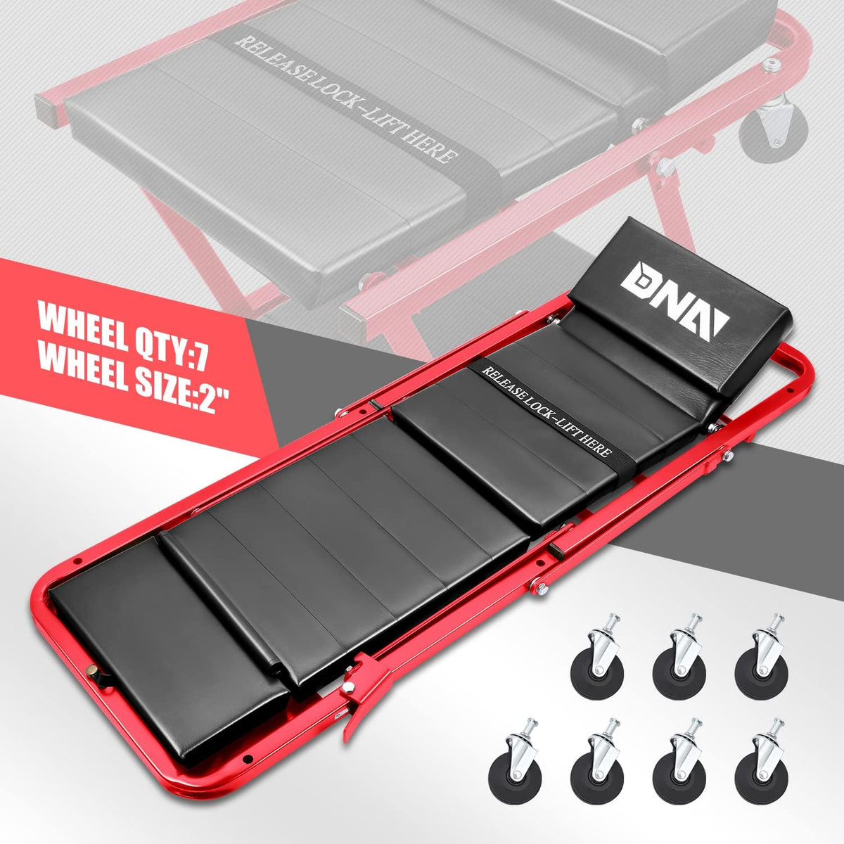DNA MOTORING TOOLS-00193 48" 2 IN 1 Folding Rolling Garage Shop Creeper Roller Seat, 7 Pcs 2" Casters, 350 Lbs Weight Capacity, Gray