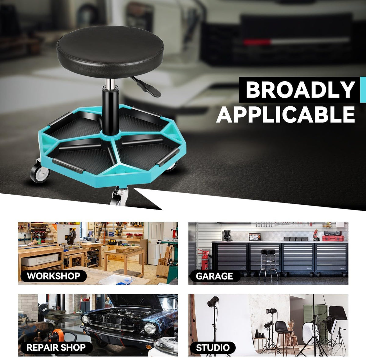 Auto Dynasty Mechanic Stool, Adjustable Rolling Pneumatic Creeper Garage Shop Seat with Tool Tray, 300 LBS Roller Seat for Workshop Auto Repair, Adjustable Height 15.7" to 21", Sky Blue